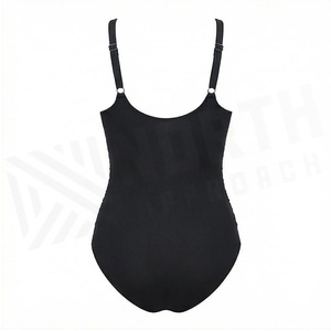 Maillot de bain une pièce pour femme, noir, froncé, décolleté plongeant, effet ventre plat, push-up, couleur unie, en Spandex et Polyester - Product Image 2