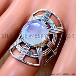 แหวนเงินแท้ 925 รูปไข่ ประดับมูนสโตนสีรุ้งธรรมชาติขนาดใหญ่ ดีไซน์โบโฮ งานแฮนด์เมด ขายส่ง แหวนเงิน ของขวัญสำหรับเธอ - Product Image 2