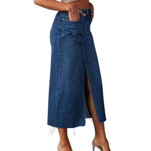 Jupe longue en jean taille haute pour femme, bleu moyen, avec fente avant et ourlet brut, coupe droite, style décontracté streetwear d'été - Product Image 1