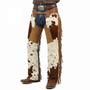 Pantalones de cuero estilo western con patrón de piel de vaca y flecos para montar a caballo - Product Image 1