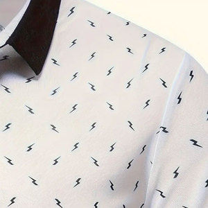 <b>Men's</b> <b>White</b> <b>Short</b> <b>Sleeve</b> Polo <b>Shirt</b> With Black Lightning Pattern Contrast Trim Regular Fit Casual Knitted Fabric Plus Size <b>Men's</b> - Product Image 4