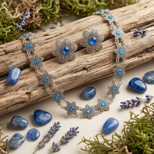 DIVYORO Bright Blue Floral Link Oxidized <b>Silver</b> Adjustable <b>Choker</b> Set for Women-Party Jewelry - Product Image 3