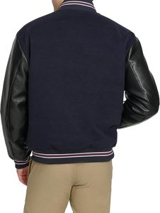 Veste de sport pour homme bleu marine avec manches en cuir PU, col rabattu, simple boutonnage, style décontracté, vêtement d'automne - Product Image 3
