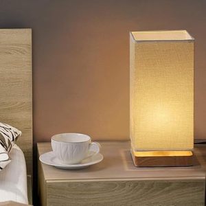 Lampe de table LED carrée moderne, abat-jour en tissu, base en bois, lampe de chevet, lumière blanche chaude, décoration d'intérieur - Product Image 4