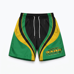 Shorts décontractés pour hommes en polyester/nylon, tissu 160g, séchage rapide, fermeture à cordon, taille mi-haute, panneaux contrastants vert/jaune/noir, soie - Product Image 1