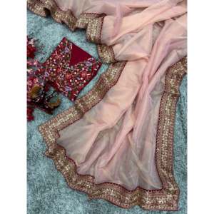 ผ้าพันคอและผ้าคลุมไหล่สีชมพู ดีไซน์สวยงามแบบดั้งเดิม ประดับด้วยเลื่อม ลูกปัด ปักลาย และขอบลูกไม้ - Product Image 3