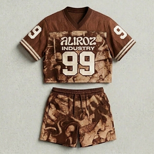 ชุดเซ็ตเสื้อครอปแขนสั้นคอวีผ้าตาข่ายระบายอากาศพร้อมกางเกงขาสั้นผูกเชือกพิมพ์ลายซับลิเมชั่นน้ำหนักเบาสำหรับผู้หญิงจาก Aliroz Industry - Product Image 1