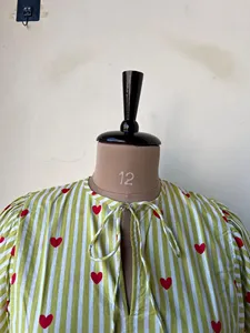 <b>Women's</b> Boho Yellow Striped Heart Print Cotton Midi Dress Tie-Neck 3/4 Puff Sleeve Casual Summer Dress - Product Image 1