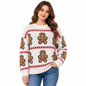 Pull en tricot jacquard décontracté pour femme Prime Vista, couleur gingembre, respirant, col rond, manches longues, 100% acrylique, Noël, hiver - Product Image 1