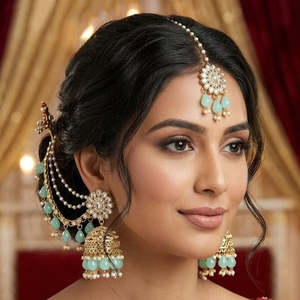 Jewelemarket Elegant Kundan Stone Beads Jhumki Earrings Maangtikka American Diamond Imitation Pearl Sets Model Number 10575457LP - Product Image 5