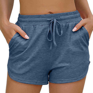 Shorts en coton tricoté à taille haute avec poches et cordon de serrage, décontractés, respirants, couleur unie, pour femmes - Product Image 5