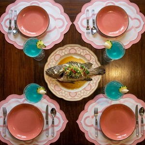 Luxury Scalloped Cotton <b>Placemats</b> with Pink Embroidered Border, Elegant <b>Dining</b> <b>Table</b> Setting Decor, Wedding & Housewarming Gift - Product Image 3