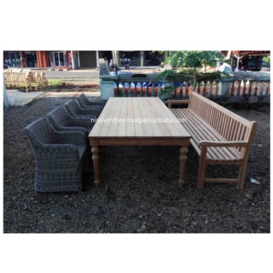 Modern Design <b>Outdoor</b> <b>Dining</b> Furniture Sets Garden Long Bench Teak Wood Synthetic PE Rattan Wicker Chair Patios Hotels Exterior - Product Image 3