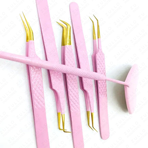 Custom Pink Diamond Grip Eyelash Tweezers Set Stainless Steel Mirror Handle Volume Tip Professional Lash <b>Tools</b> - Product Image 2