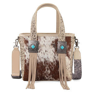 Women's Western <b>Tooling</b> Leather <b>Tote</b> <b>Bag</b> Zipper Leather Fringe Turquoise Stone Accent Stylish Cowgirl Handbag Rustic Foldable - Product Image 1