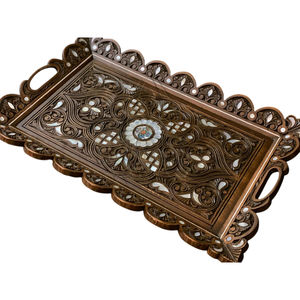 Plateau de service en bois incrusté de style marocain fait à la main avec poignées, aspect vintage, plateau décoratif pour table basse, décoration de la maison, cadeau - Product Image 4