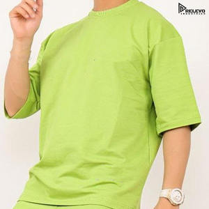 Ensemble T-shirt et short pour homme de haute qualité, col rond, 100 % coton tricoté, respirant, motif uni, été, logo frontal, formel - Product Image 5