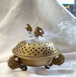 Antique brass dhoop dhoopdan <b>burner</b> with a long <b>side</b> handle and perforated lid for incense, available at wholesale prices. - Product Image 4