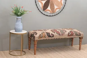 Handmade Modern Kilim Jute Rug <b>Bench</b> Ottoman Turkish Inspired Upholstered <b>Wooden</b> Seat Bedroom Entryway Furniture Decor - Product Image 4