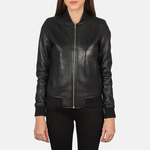 Blouson aviateur noir en cuir véritable pour femme, manches longues, col montant, fermeture éclair, style automne - Product Image 1