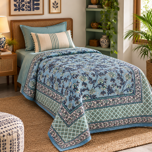 Premium Artisanal Pigment Printed Reversible 100% Cotton <b>Quilt</b> Set Eco-Friendly Durable Filling Vintage Floral Design Hotel - Product Image 4
