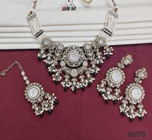 Luxury Oxidised Pearl Beaded <b>Necklace</b> Set with Aqua <b>Blue</b> Stones Designer Bridal Party Wear Jewelry Set with Earrings for women - Product Image 5