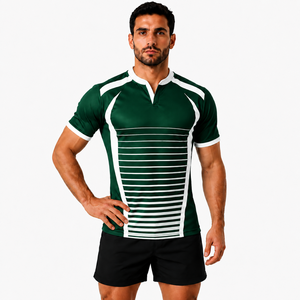 Maillot de rugby rayé vert et blanc pour homme, manches courtes, col en V, tissu respirant, coupe ajustée, toutes saisons - Product Image 1