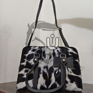 Handmade Black White Hair Handbag with Genuine Leather <b>Straps</b> & <b>Shoulder</b> Belt - Product Image 6