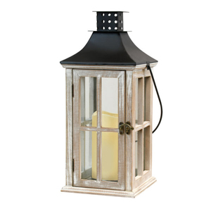 Farol de madera de mango con tapa metálica plana negra, laterales con rejilla ranurada y asa de cuerda de yute, decoración de farol de mesa estilo rústico. - Product Image 6