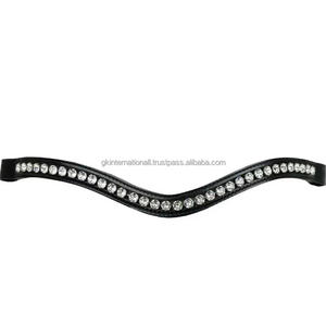 Bandeau de tête pour bride de cheval en cuir anglais noir, décoratif, avec cristaux transparents exclusifs en une seule rangée, pierres scintillantes et brillantes - Product Image 2