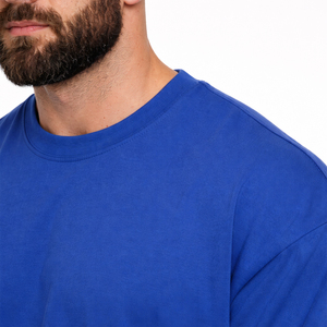 Men's Oversized Blue Crew Neck <b>T</b>-<b>Shirt</b> Short Sleeve Solid Color Casual Fit 100% Cotton Jersey Knitted Fabric - Product Image 6