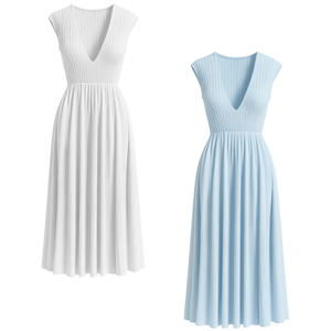 Robe midi côtelée de haute qualité pour femme, col rond, manches courtes, coupe droite, taille élastique, style simple et personnalisé - Product Image 1