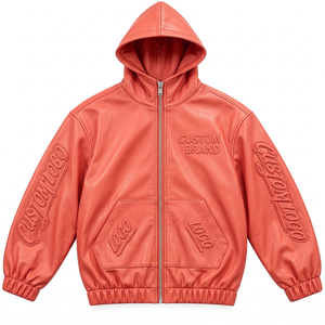 Chaqueta con Capucha de Cuero Personalizada para Hombre, con Grabado en el Pecho y en las Mangas, Cierre Completo, Ropa Urbana de Moda - Product Image 3