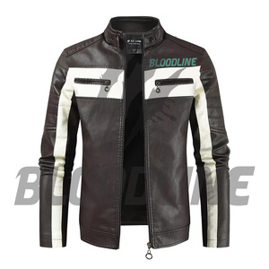 BLOODLINE Men's PU Leather Moto <b>Biker</b> <b>Jacket</b> Slim Fit Zipper Closure Stand Collar Color Blocking Design Autumn Wear - Product Image 1