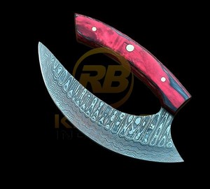 Handmade Damascus Ulu <b>Knife</b> Curved Blade Hunting Skinning <b>Knife</b> with Wooden <b>Handle</b> & Leather Sheath - Product Image 4