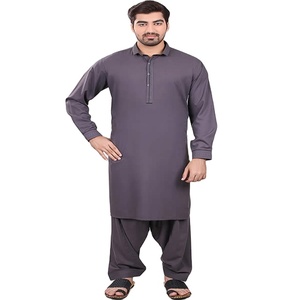 Hombres Shalwar Kameez-Hombres Moda Musulmán Dos Bolsillos Laterales Color Sólido Shalwar Kameez - Product Image 1