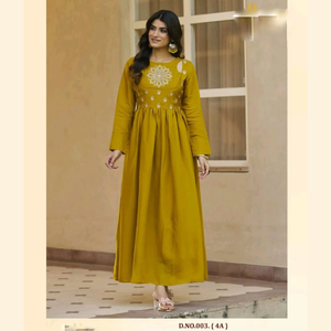 Vestido largo de seda brillante con bordado amarillo mostaza, mangas largas, plisado, estilo Anarkali, para conjuntos de mujer, ropa étnica para bodas. - Product Image 3
