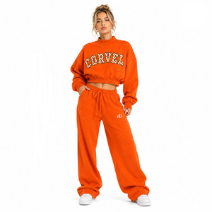 Trendy Tackle Twill Applique <b>Orange</b> Mock Neck Women's Crop Sweatshirt Tracksuit Custom Checkered Varsity <b>Fleece</b> Jogger Sets Bulk - Product Image 1
