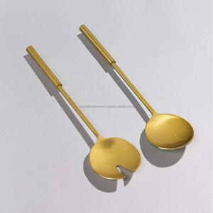 Wedding Parties Tableware Serving Cutlery <b>Set</b> Gold Finish Salad <b>Spoon</b> <b>And</b> <b>Fork</b> <b>Set</b> of 2 Pcs With Horn Handles - Product Image 2