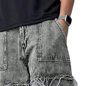 Mens Mid Loose Fit <b>Grey</b> Denim <b>Jeans</b> Distressed Raw Edge Detail Casual Streetwear Quick Dry Breathable Washed Cotton Wide Leg - Product Image 3