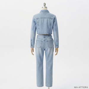 Women Light Blue Denim Jacket And Jeans Set Cropped Zip Jacket High Waist Straight Leg Two Piece <b>Streetwear</b> Outfit - Product Image 4