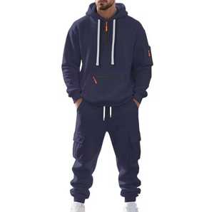 Ensemble de survêtement beige à capuche pour homme, sweat-shirt décontracté à manches longues de couleur unie avec poches latérales, pantalon à taille élastique, vêtements d'automne - Product Image 3