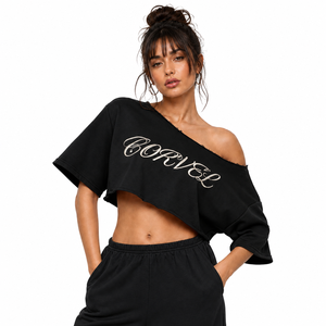 Haut court ample à col long, tricoté sur mesure, style baby tee, manches courtes, couleur unie, chemisier oversize pour femme, printemps-été - Product Image 4