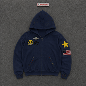 Men's <b>Navy</b> Blue Zip-Up Hoodie With Cartoon Print And American Flag Patch Regular Fit Casual <b>Sweatshirt</b> Urban Outerwear Long Sale - Product Image 5