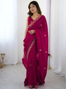 Sari brodé et orné pour femme KV, style Bollywood, avec chemisier non cousu (rose) - Origine Uttar Pradesh - En stock - Product Image 2