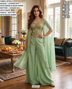Salwar Kameez de seda verde menta con cuentas, largo hasta el suelo, corte holgado, tradicional para mujeres, India, Pakistán, boda 300718 - Product Image 2