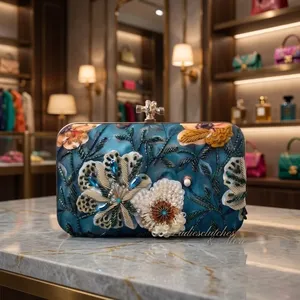 Luxury Half <b>Moon</b> Printed Embroidery Beaded Floral Fashion Clutch Bag for Women | Handmade Evening Wedding Party iPhone Fit Purse - Product Image 2