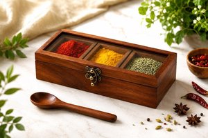 Wooden <b>Spice</b> <b>Box</b> With Three Compartments For Herbs And <b>Spices</b> Handcrafted Wood Storage Container With Metal Clasp Durable Design - Product Image 3