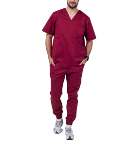 Conjunto de uniforme médico con cuello en V para hombre - Pantalones deportivos con múltiples bolsillos - Uniforme profesional de enfermería color borgoña para el sector sanitario - Product Image 1