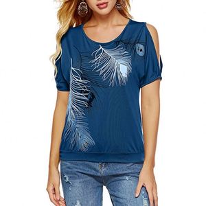 <b>Women</b> Summer Satin Breathable Quick Dry Casual Short Sleeve Sexy off Shoulder Feather Print <b>Loose</b> Plus Size 2XL T-<b>shirt</b> - Product Image 2